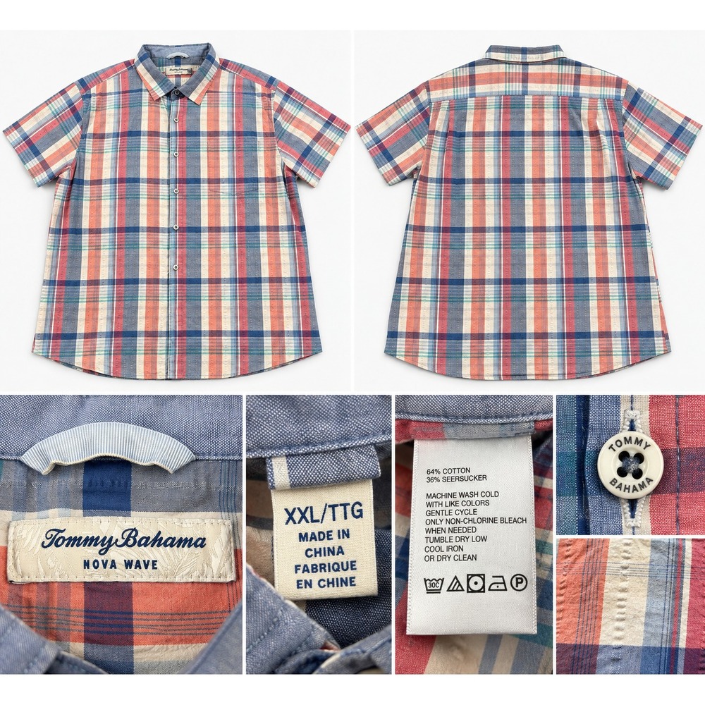 Tommy Bahama Nova Wave Men's XXL Shirt Plaid Cotton Short Sleeve Button Front